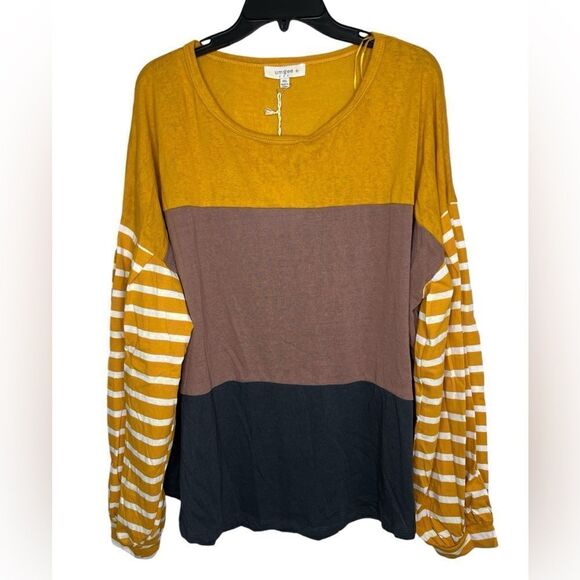 Umgee Yellow/Brown/Gray Long Puff Sleeve Color-block Striped Top 1XL - Picture 2 of 11